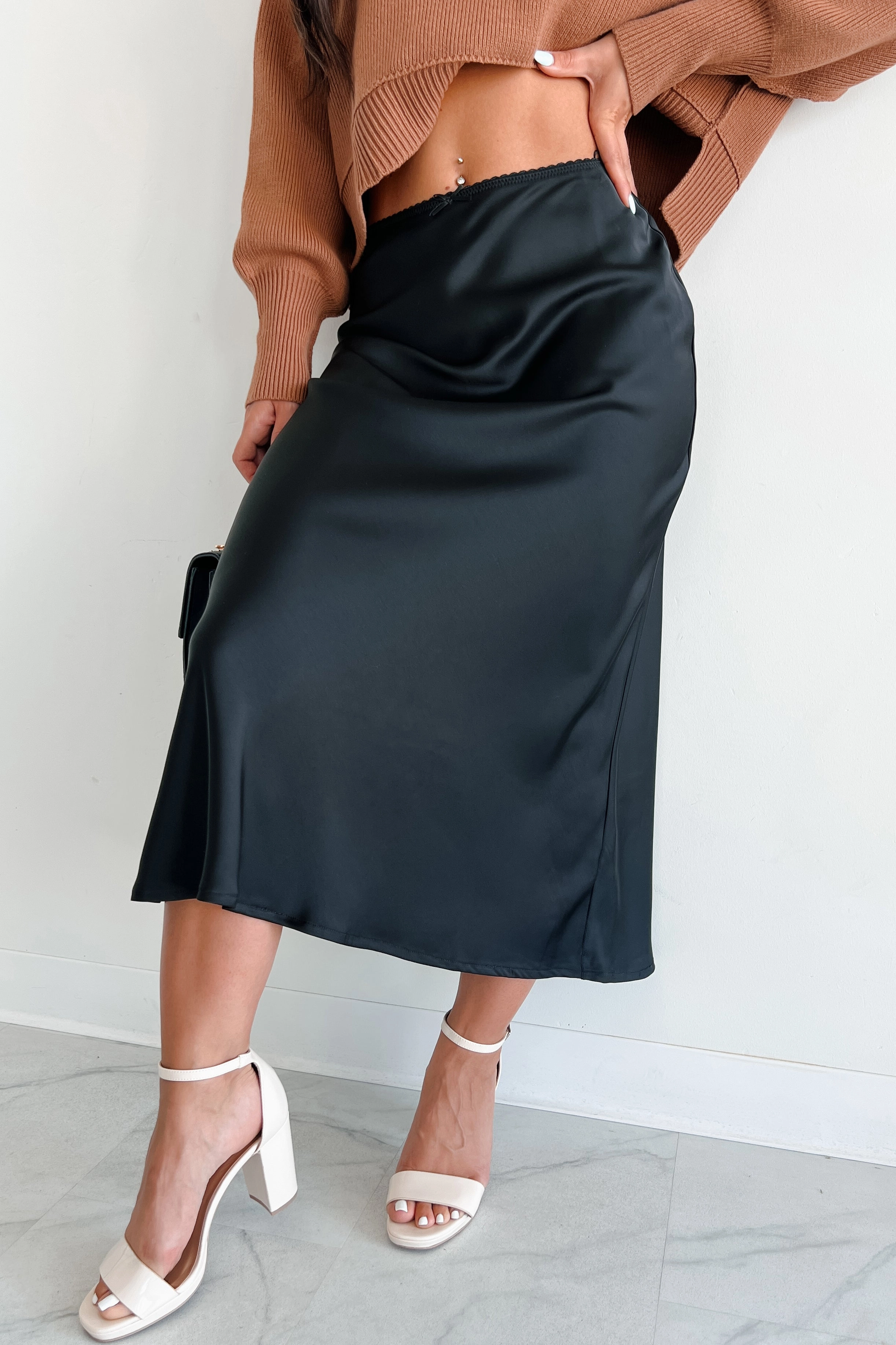 Chic Endeavors Satin Midi Skirt (Black) Daily Mood