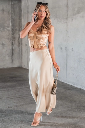 Chic Endeavors Satin Midi Skirt (Champagne) Shopping Trip