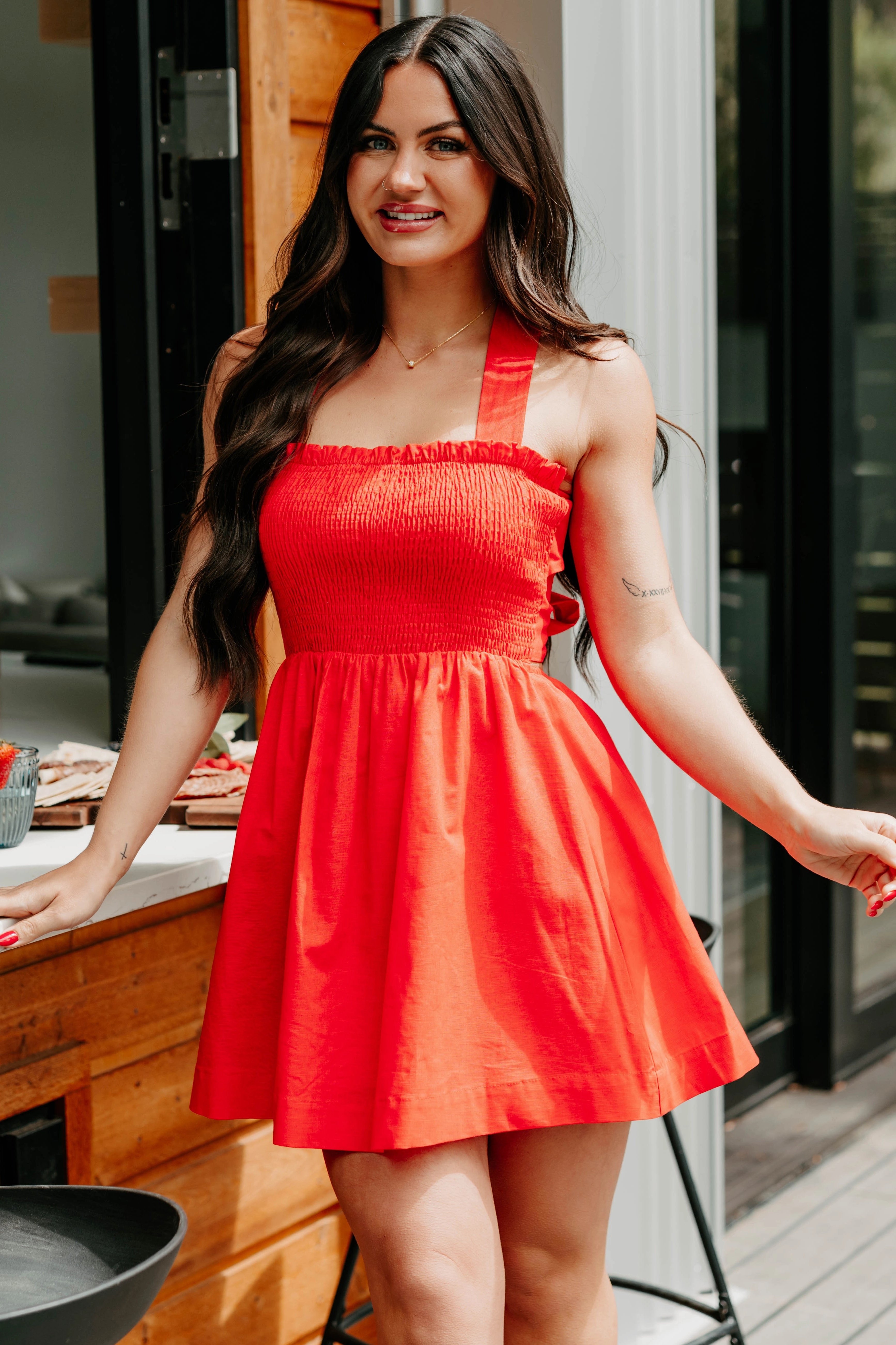 SoftTouchTexture Fresh Stitch Across The Room Smocked Mini Tie Dress (Tomato)