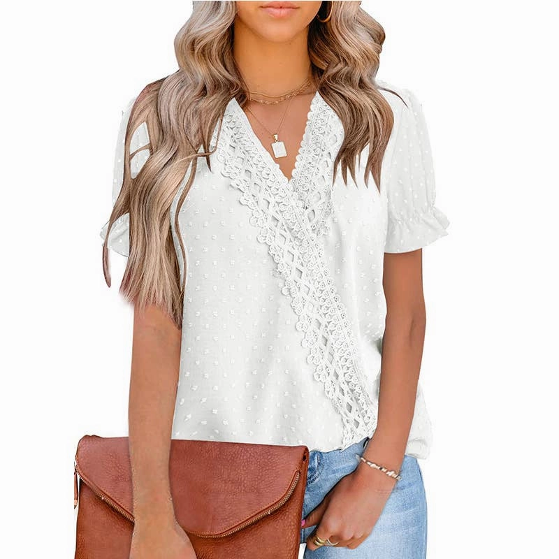 CHIFFON HAIRBALL LACE V-NECK SHIRT_CWTBLS0757 Sheer Overlay Material