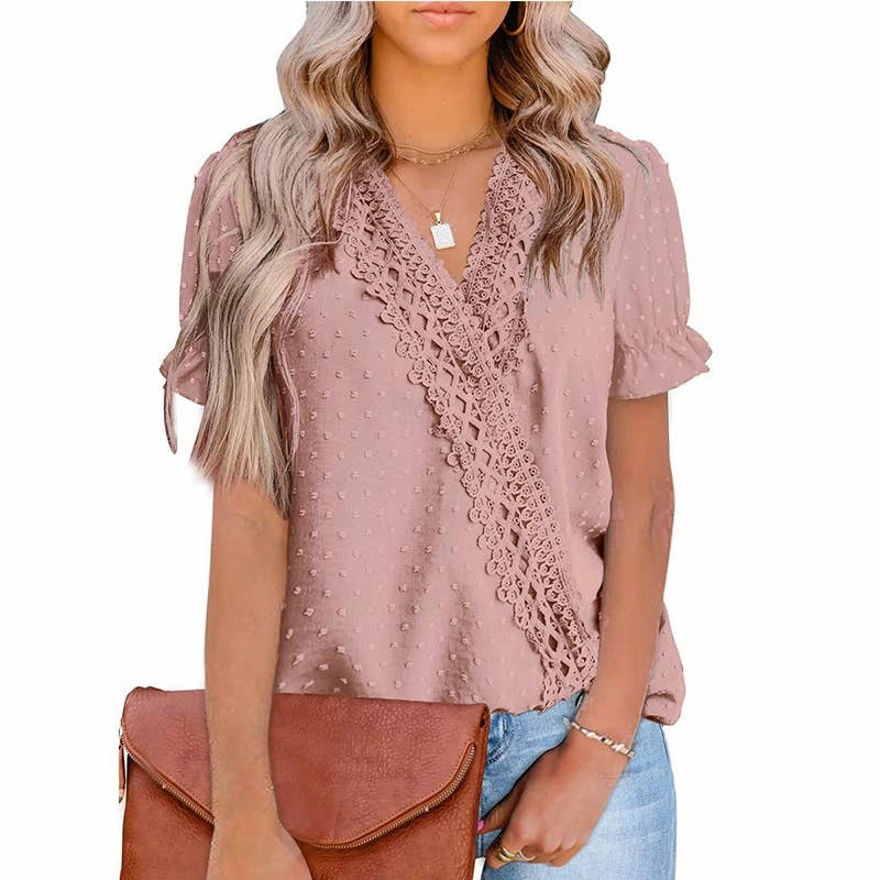 CHIFFON HAIRBALL LACE V-NECK SHIRT_CWTBLS0757 Relaxed Tank
