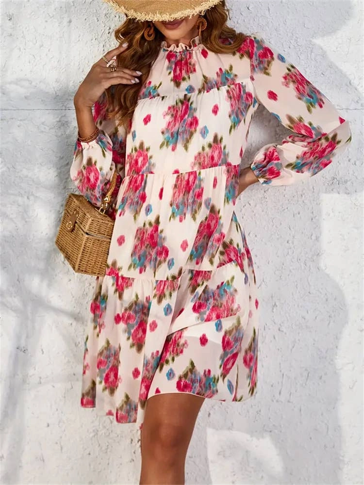 CHIFFON PRINT RUFFLED DRESS_CWDSD3590 Trendy Everyday City Friendly