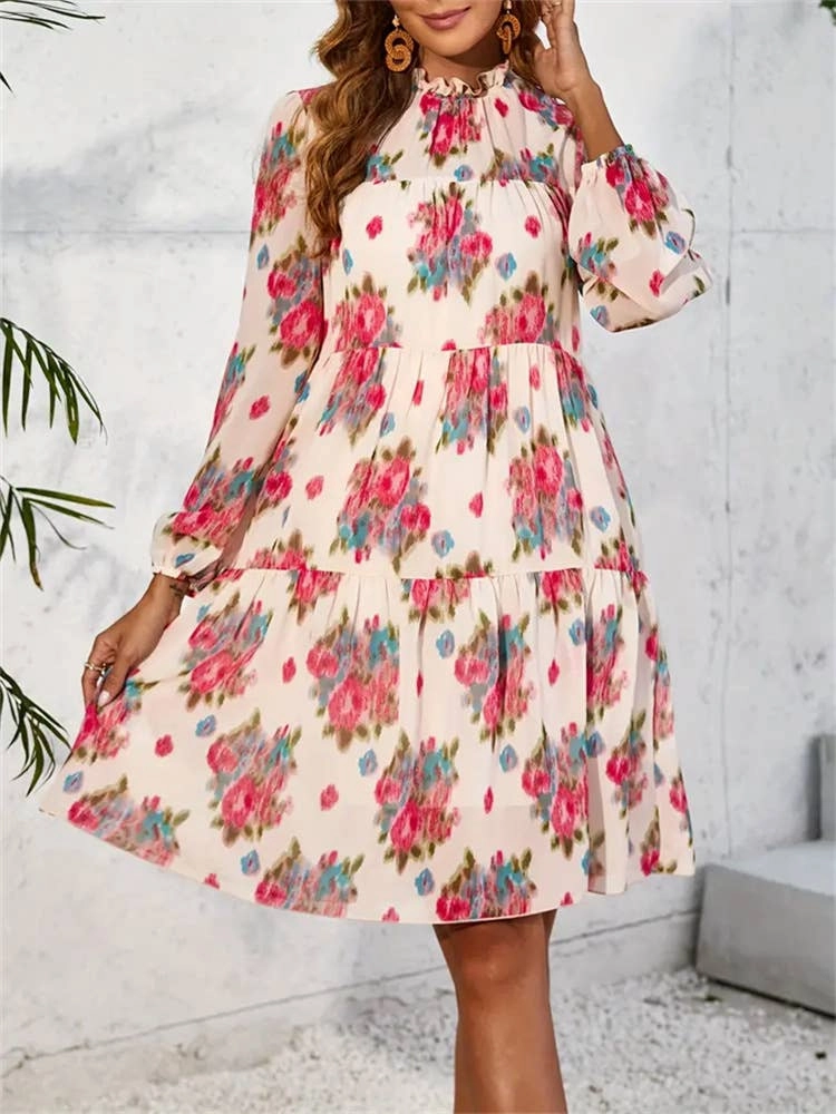 AntiFrayEdging CHIFFON PRINT RUFFLED DRESS_CWDSD3590
