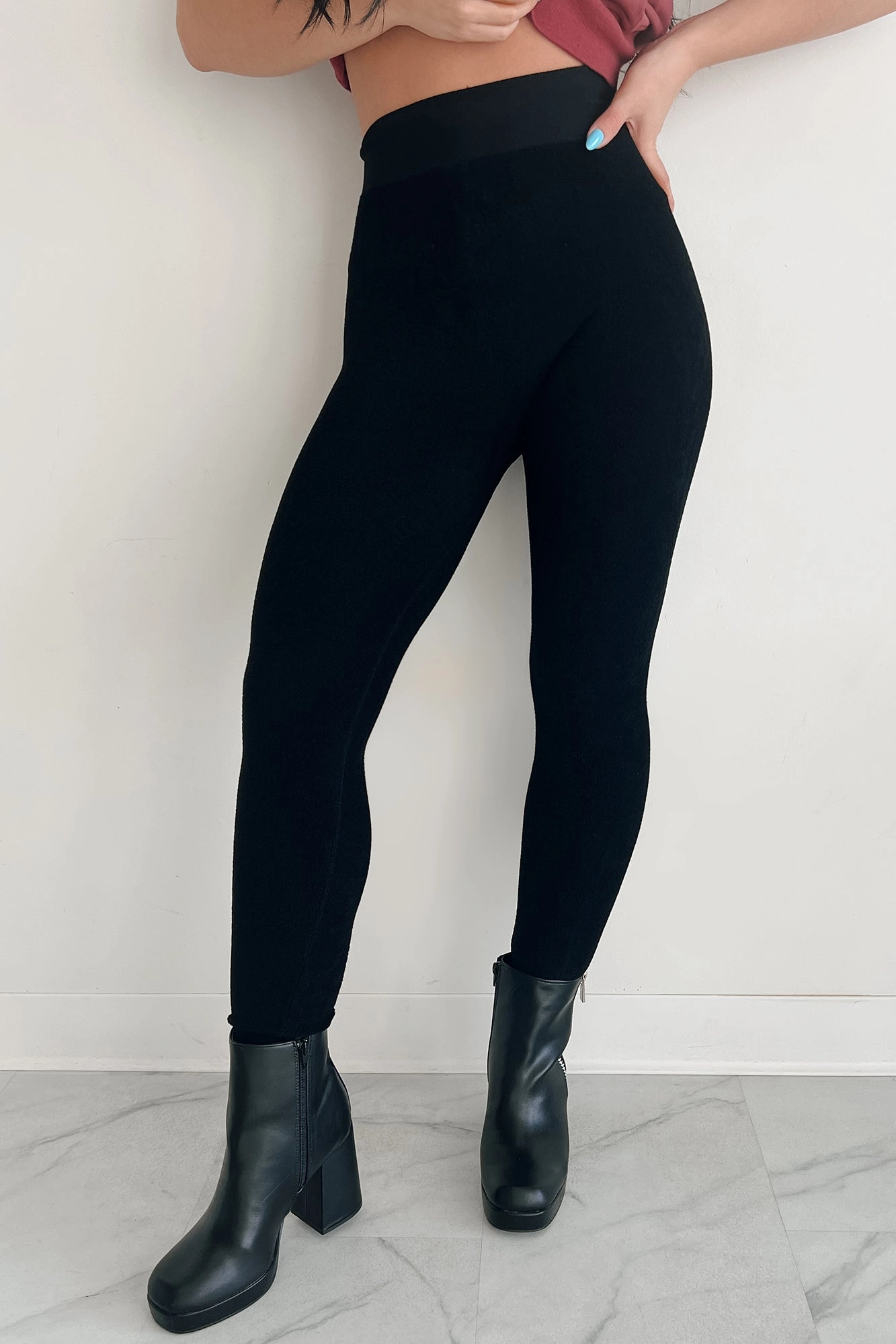 Recyclable Fabric Blend Elastic waist Chill Vibes Textured Seamless Leggings (Black)