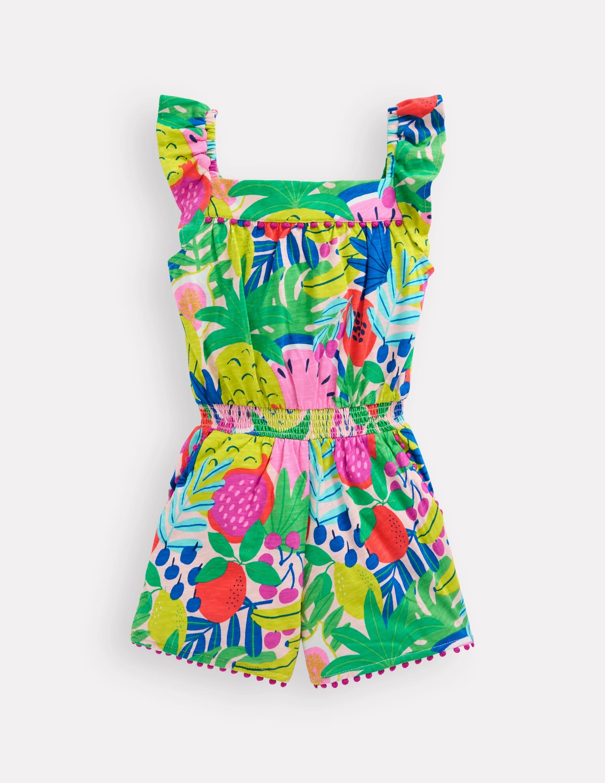Ciara Pom Trim Jersey Playsuit-Multi Tropical Fruit Cool Tone Beadwork