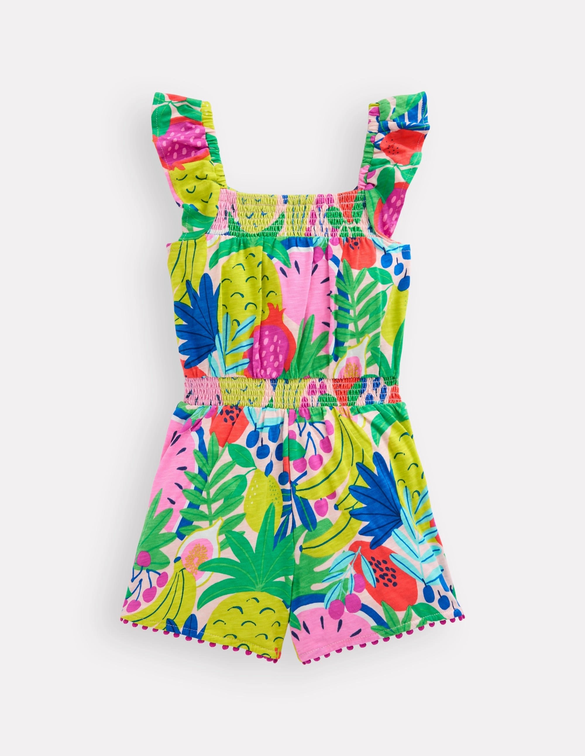 Ciara Pom Trim Jersey Playsuit-Multi Tropical Fruit Weekend Feel Simple yet chic gown