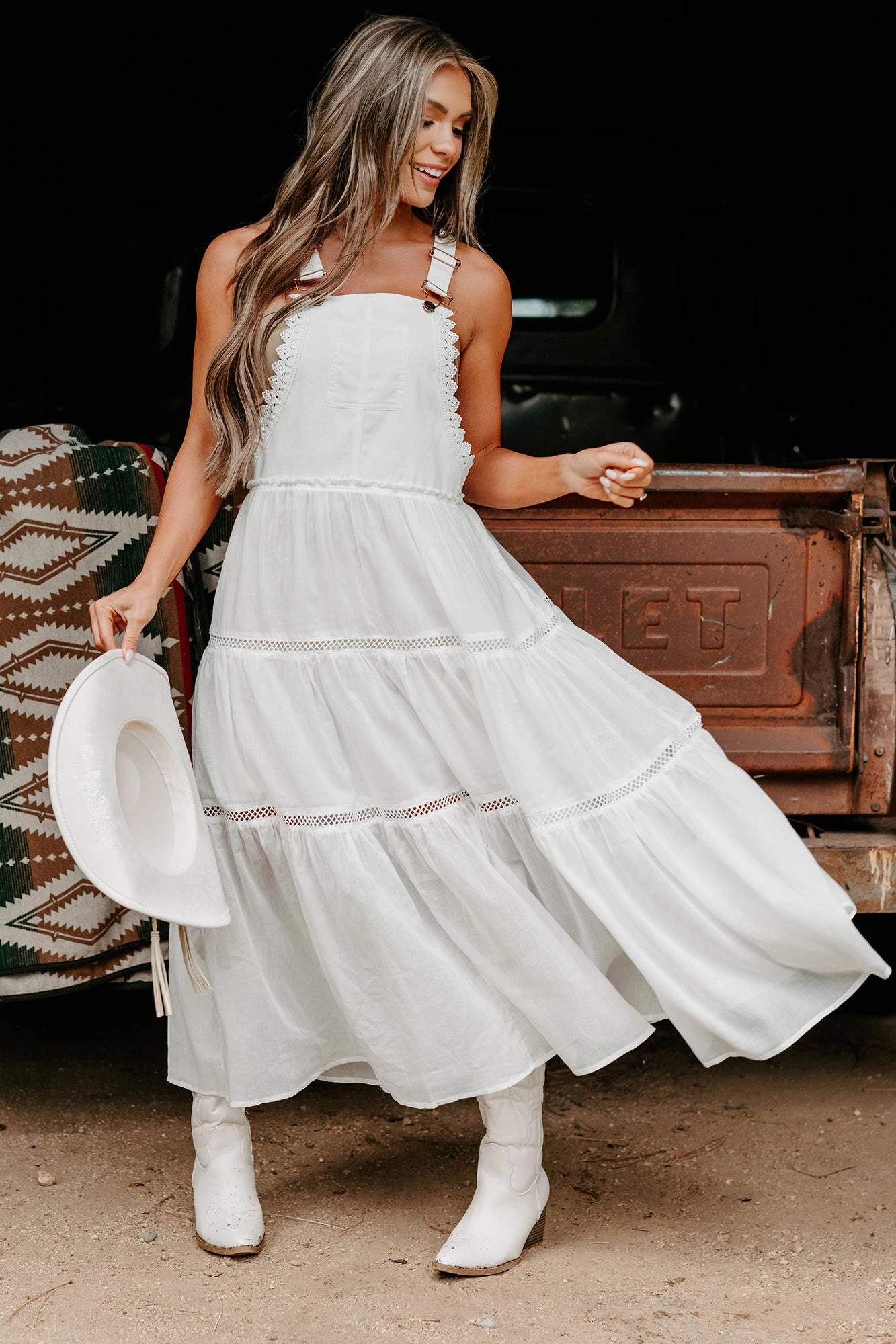 Cinnamon Weather Tiered Overall Maxi Dress (Off White) Soft Detail