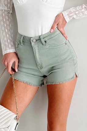 Streetwear Elastic waist Jennilyn High Rise Frayed Hem Denim Kancan Shorts (Olive)