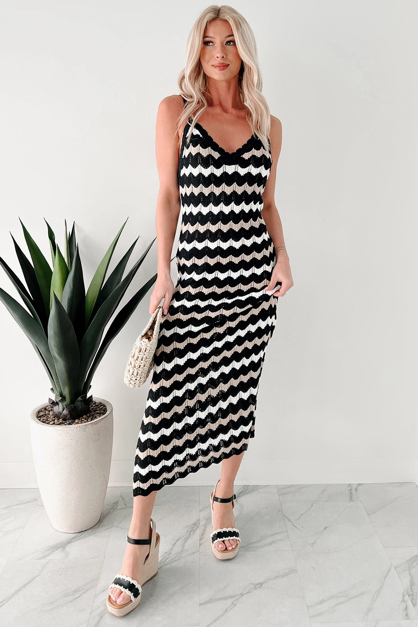 Simply Striped Sweater Knit Maxi Dress (Black Combo) Lightweight warm-weather dress Stylish Appeal