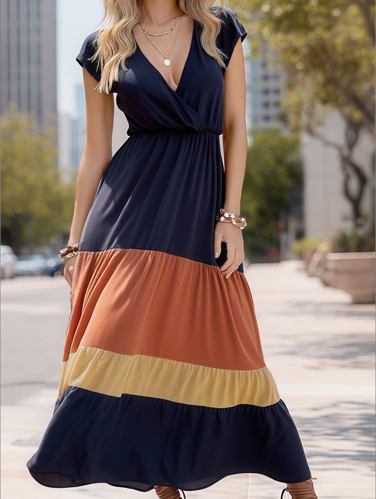 Relax Layers COLOR-CODED SHORT-SLEEVED V-NECK LONG-WAIST DRESS