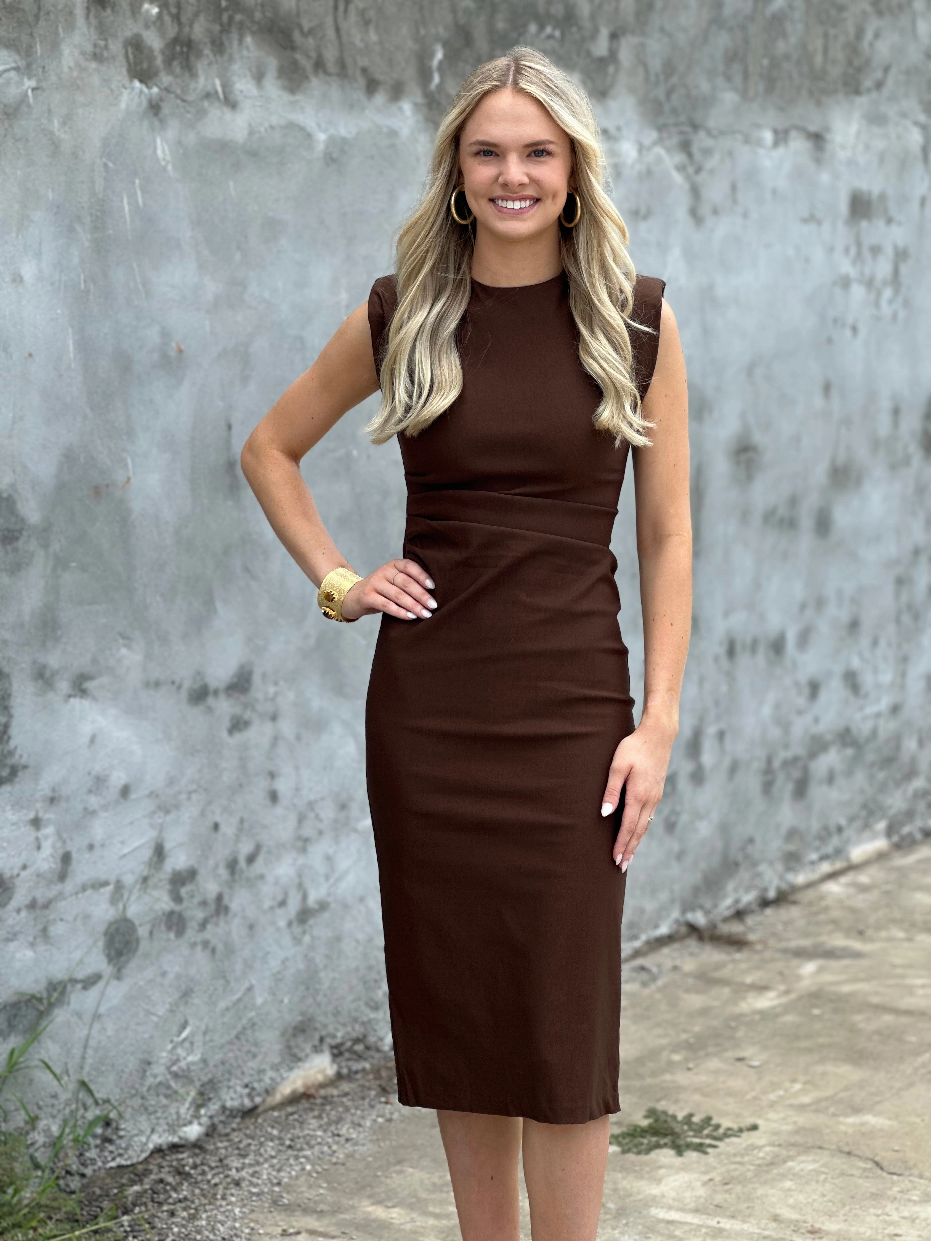 Classic Favorite Midi Dress in Brown Smooth Wear Flowing Design