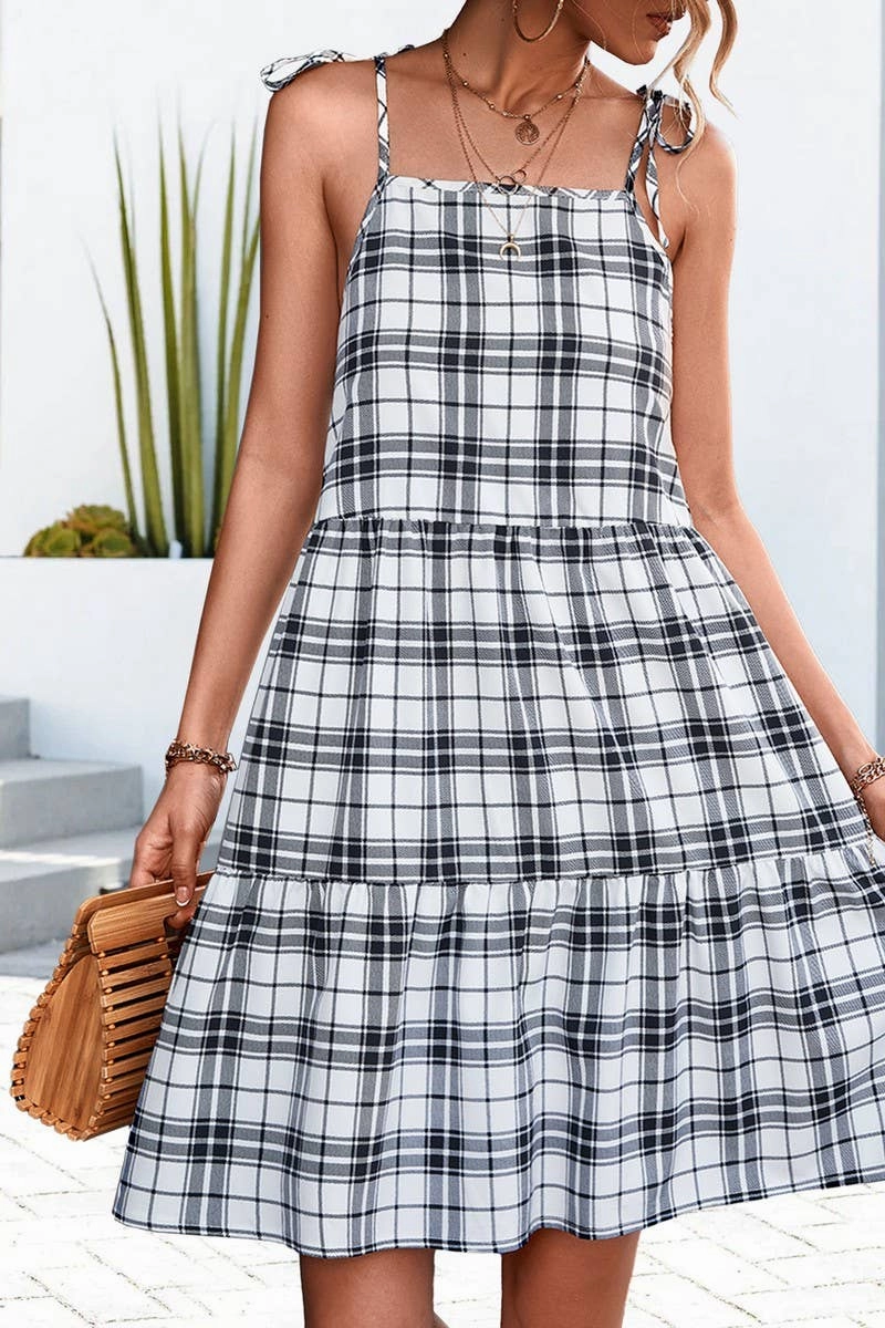 Soft Shape warm tones CLASSIC PLAID PATCHWORK HALTER DRESS_CWDSD2662