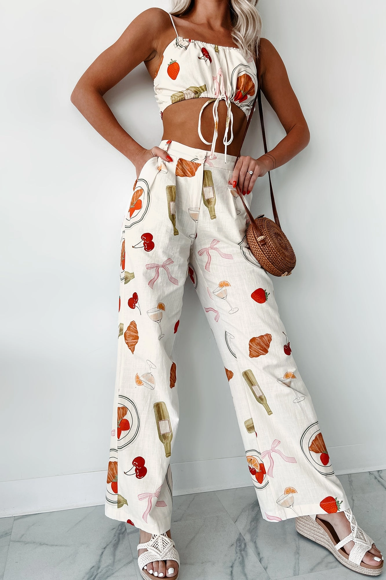 All Use Back In Paris Printed Wide Leg Pants (Ivory)