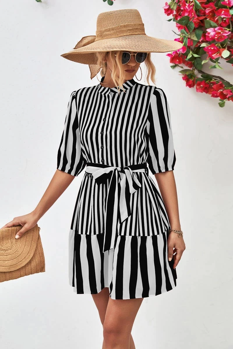 BUBBLE SLEEVE STAND COLLAR DRESS_CWDSD2640 Night Vibes