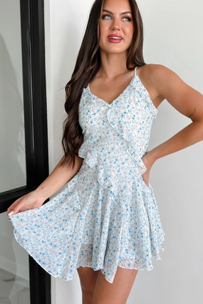 Fairytale Endings Ruffled Mini Dress (Ivory Multi) Wrinkle-Resistant