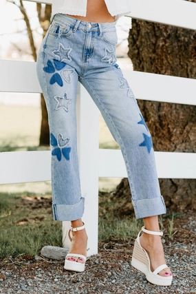 Non Binding Cuffs Solid shade Freya Star & Heart Patch Saige Denim Jeans (Light)