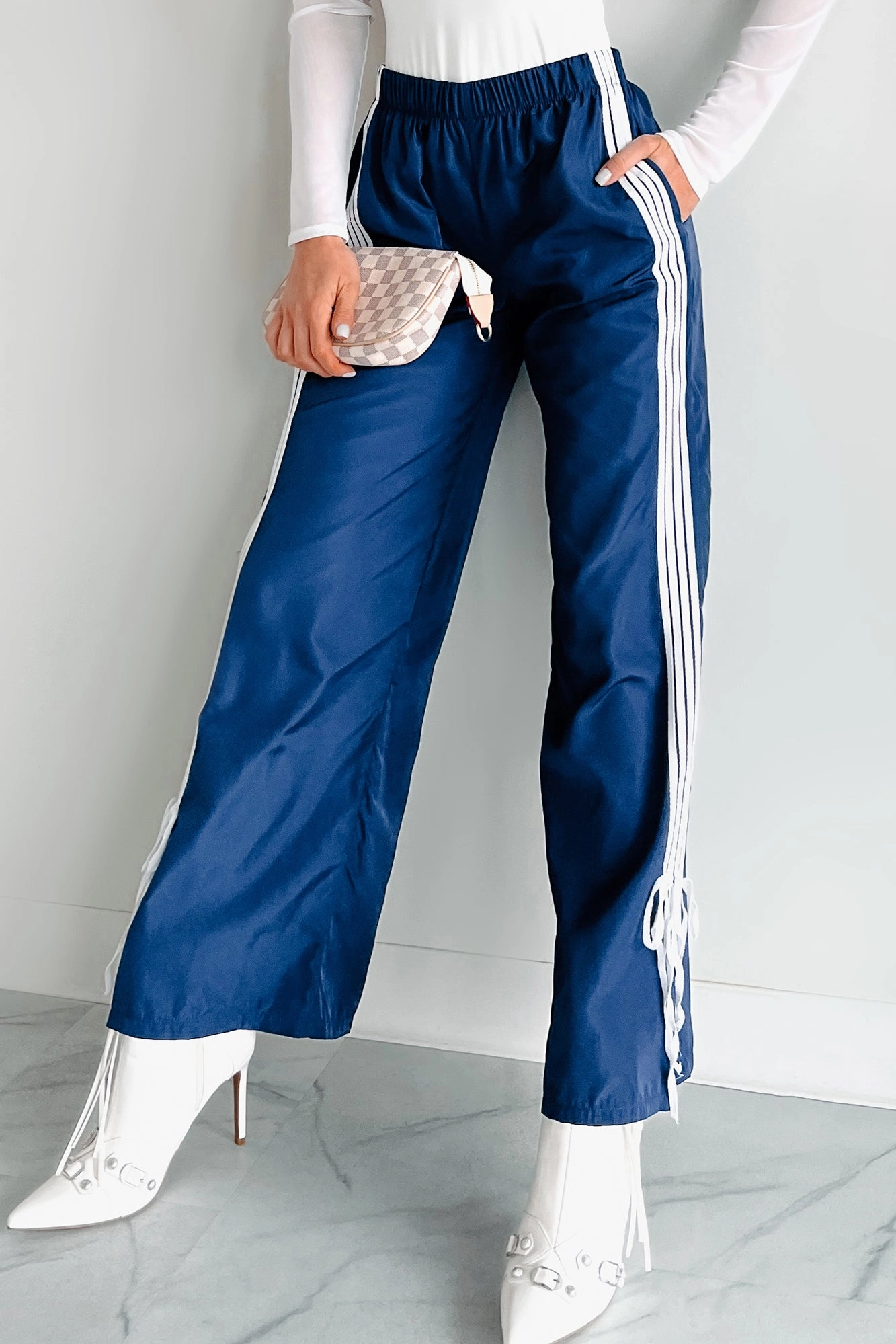 Colby Side Stripe Ribbon Tie Track Pants (Vintage Navy) High Quality Material