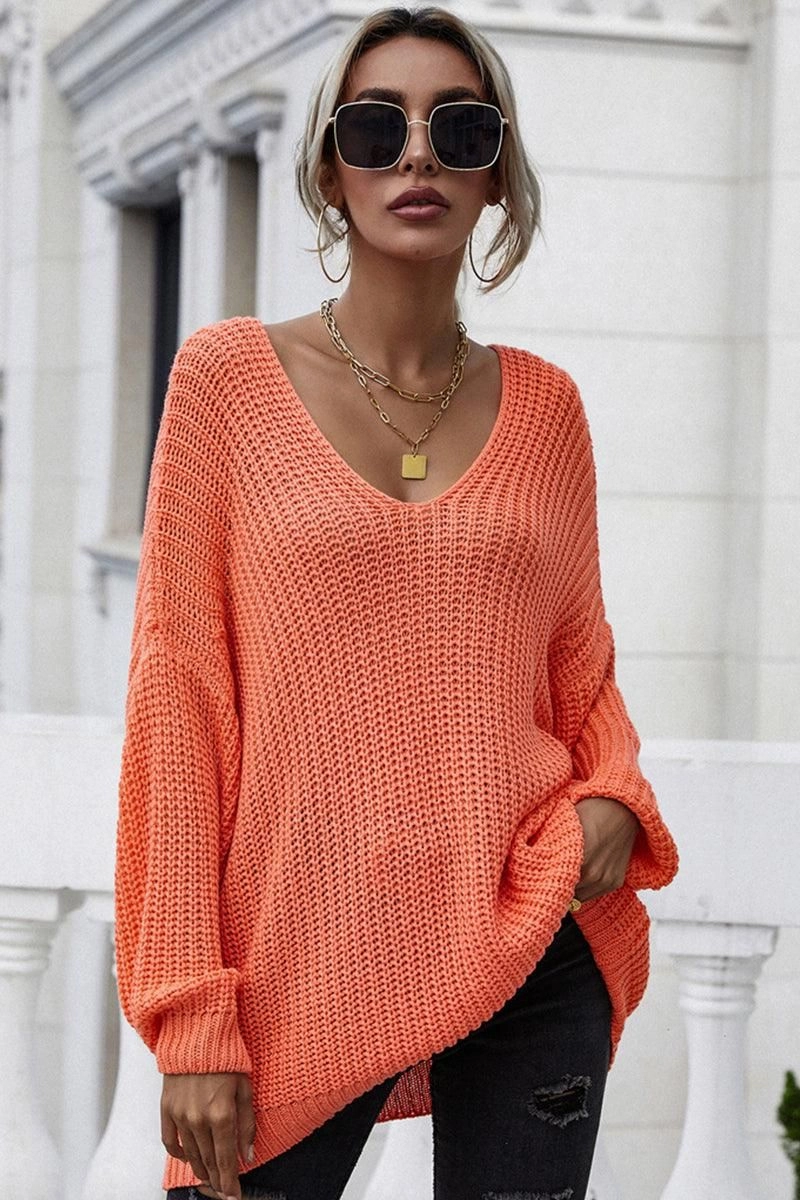 PULLOVER V NECK SOLID COLOR SWEATER Stretch Knit Fabric