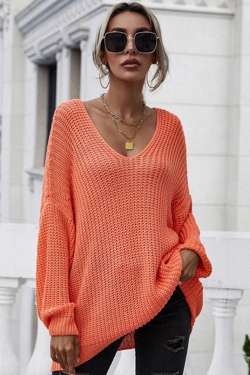 PULLOVER V NECK SOLID COLOR SWEATER Reinforced Stress Points