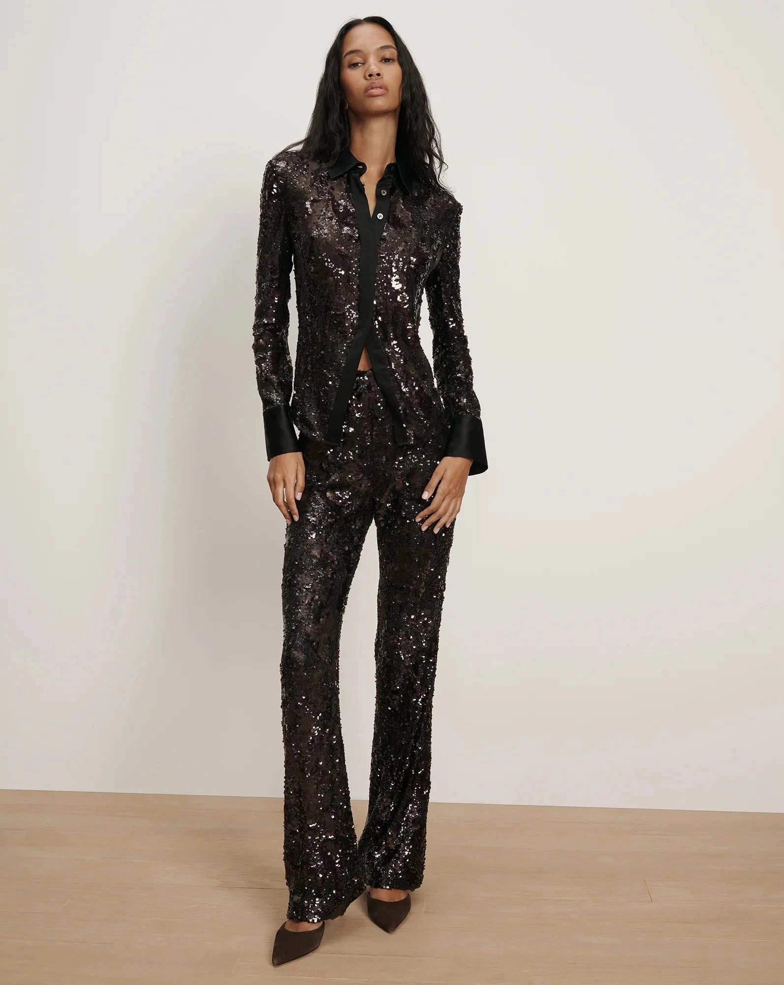 Collier Sequin Skiny-Flare Pant Dark Currant Layered Panel Design Non Iron Technology