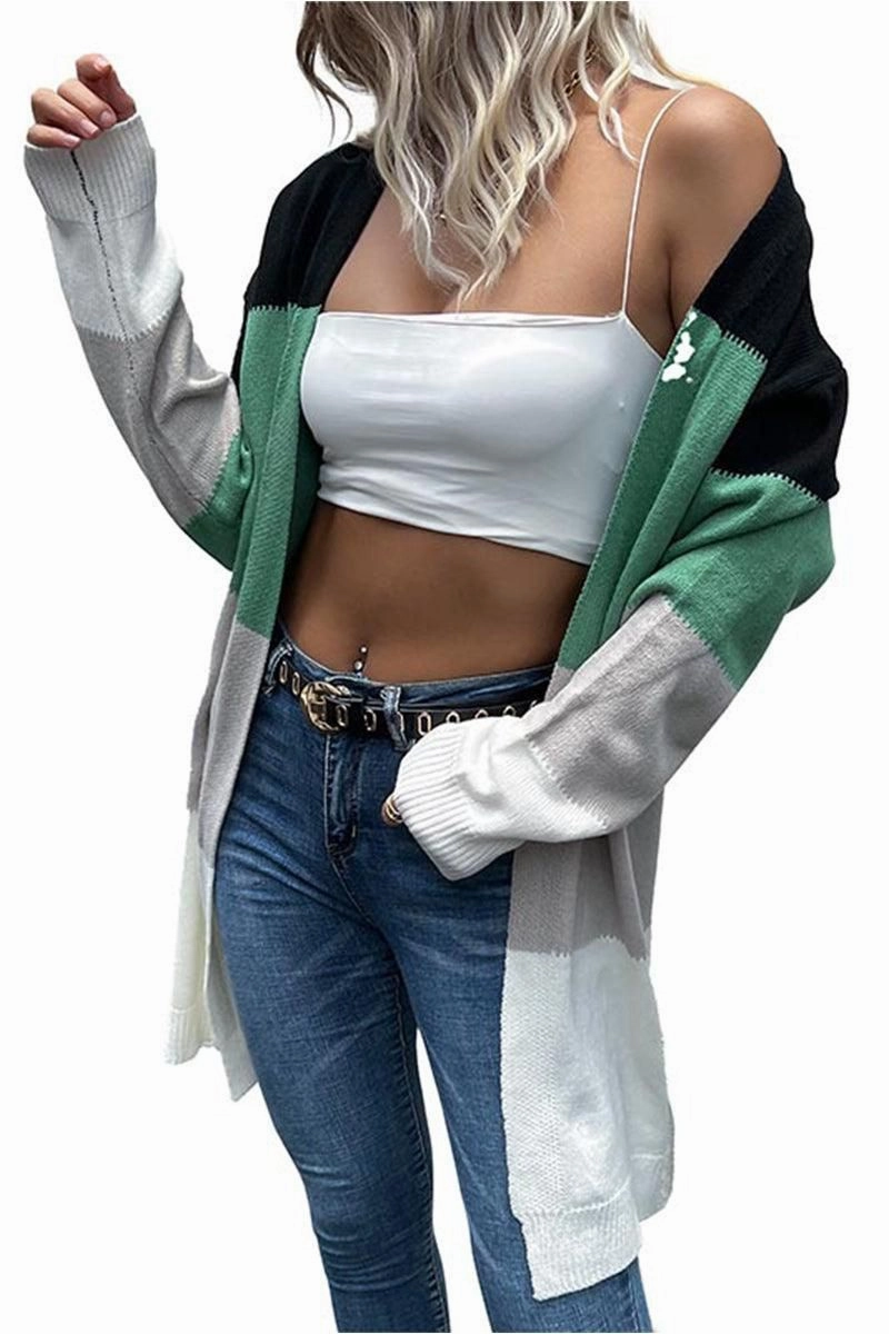COLOR BLOCK OPEN FRONT CASUAL CARDIGAN Bound Seam Edges Water Repellent Finish