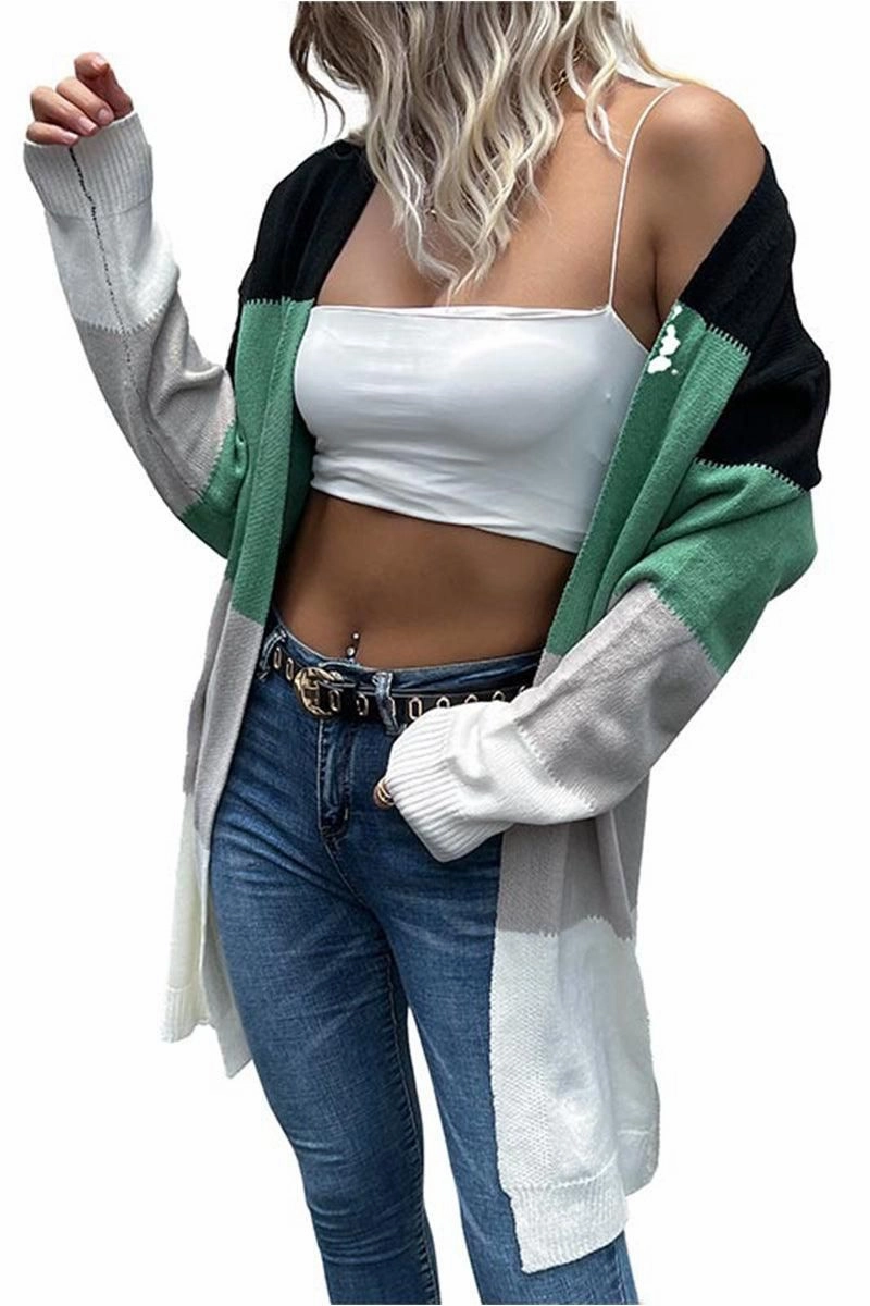 COLOR BLOCK OPEN FRONT CASUAL CARDIGAN Structured Shoulder Durable Stitching