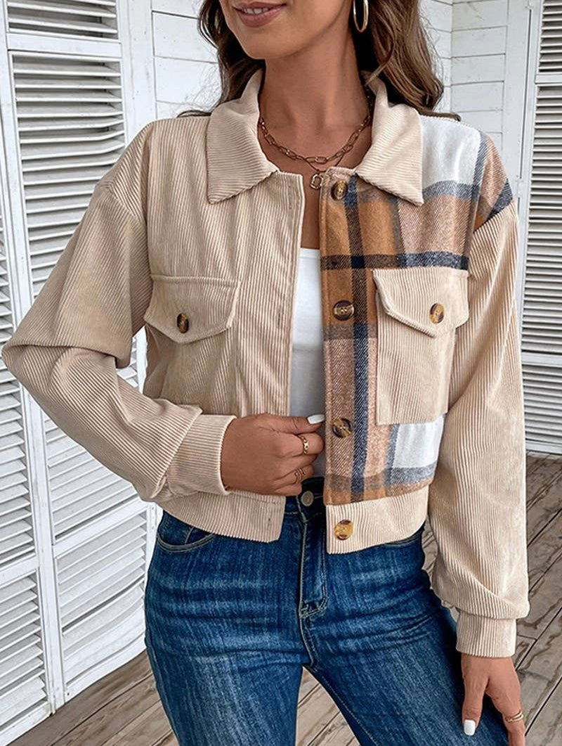 COLOR BLOCKING LONG SLEEVED LAPEL JACKET_CWOJA0767 Fun Design EasyCareMaterial