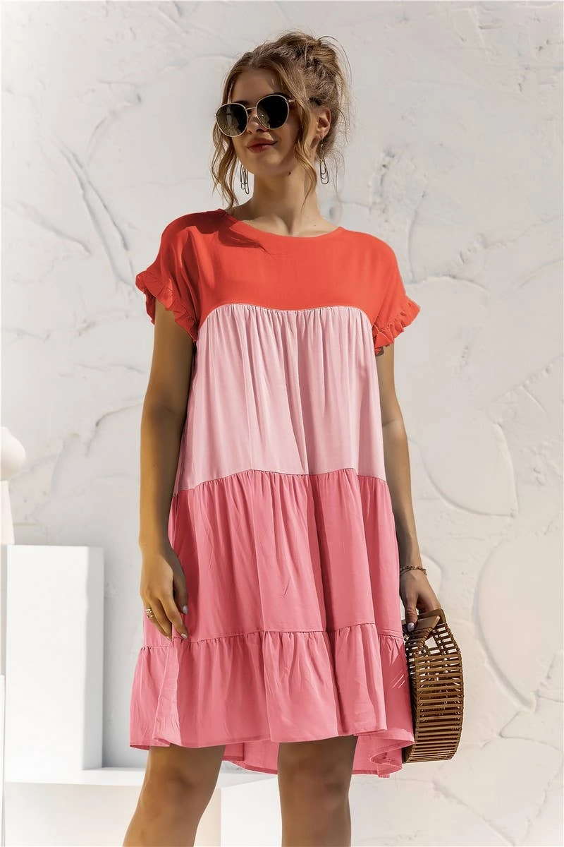Stretch Fabric COLOR BLOCKING SHORT SLEEVED LOOSE FITTING DRESS_CWDSD2466