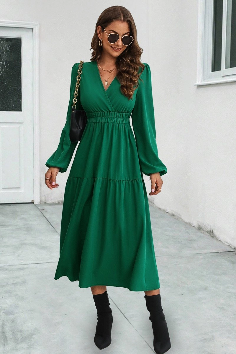 WOMEN ELASTIC WAIST V NECK LONG SLEEVE MAXI DRESS Multipurpose Designer-Label