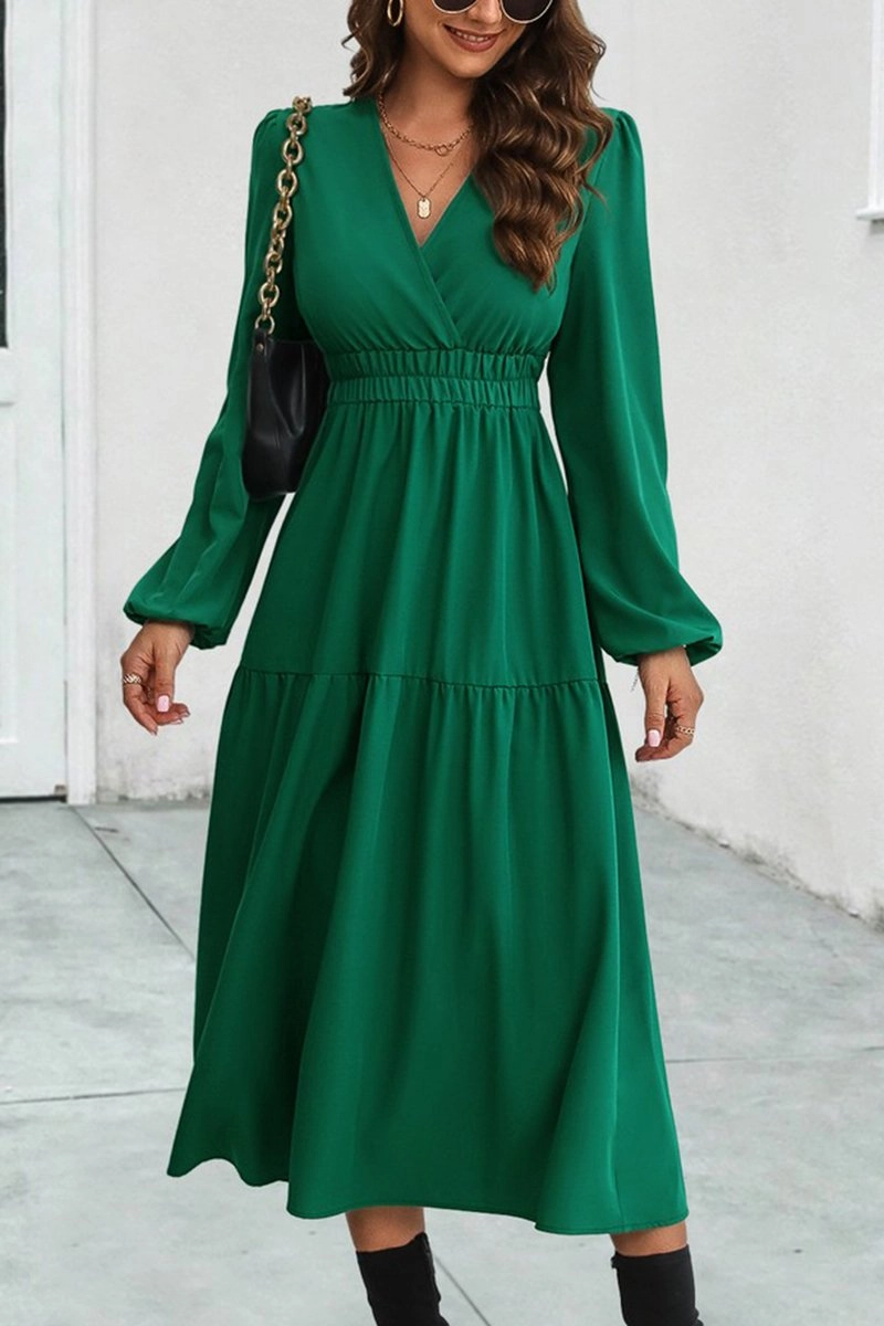 Layered Volume WOMEN ELASTIC WAIST V NECK LONG SLEEVE MAXI DRESS