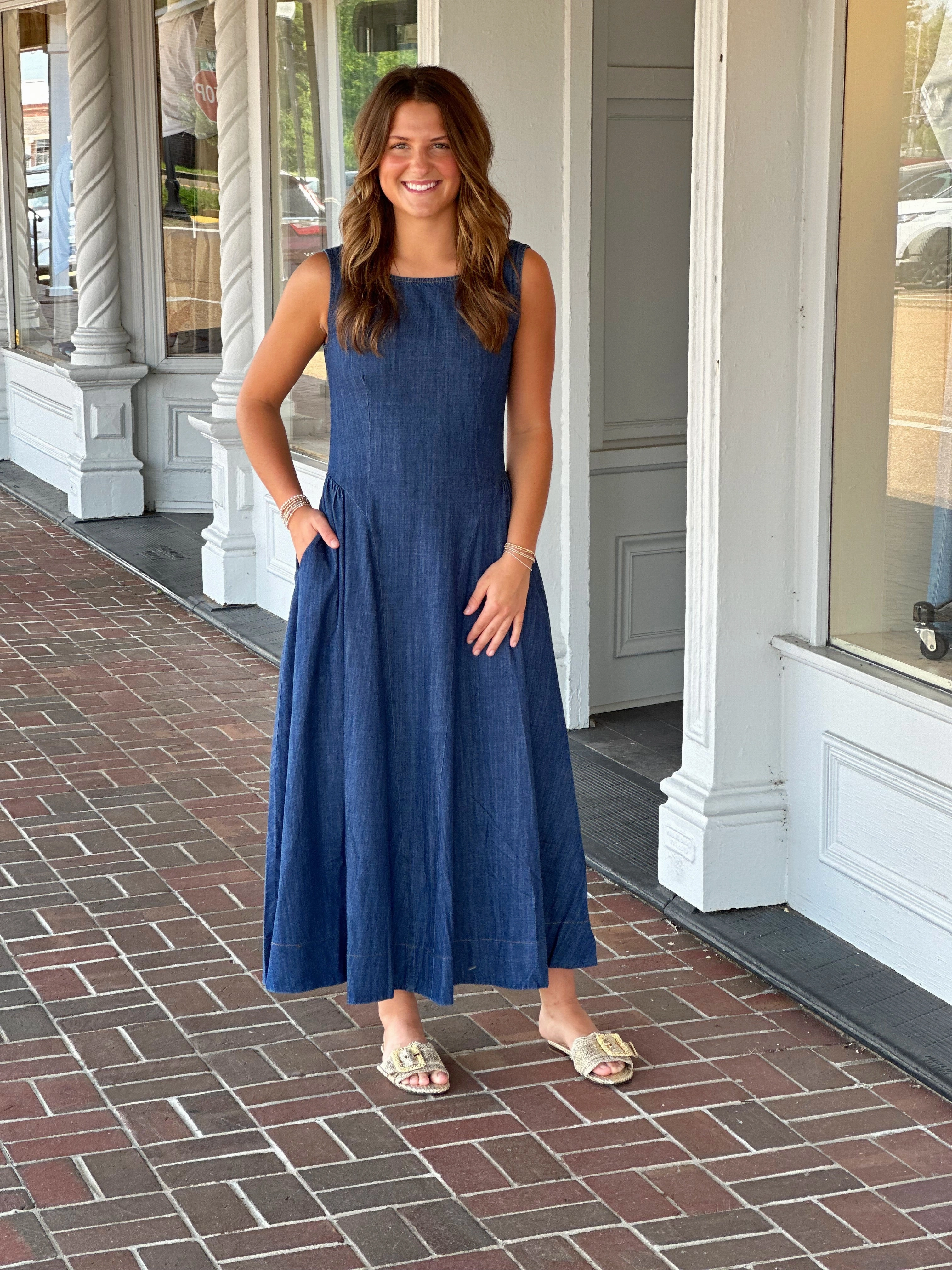 Romantic-Style Empire-Waist In The Moment Denim Sleeveless Maxi Dress