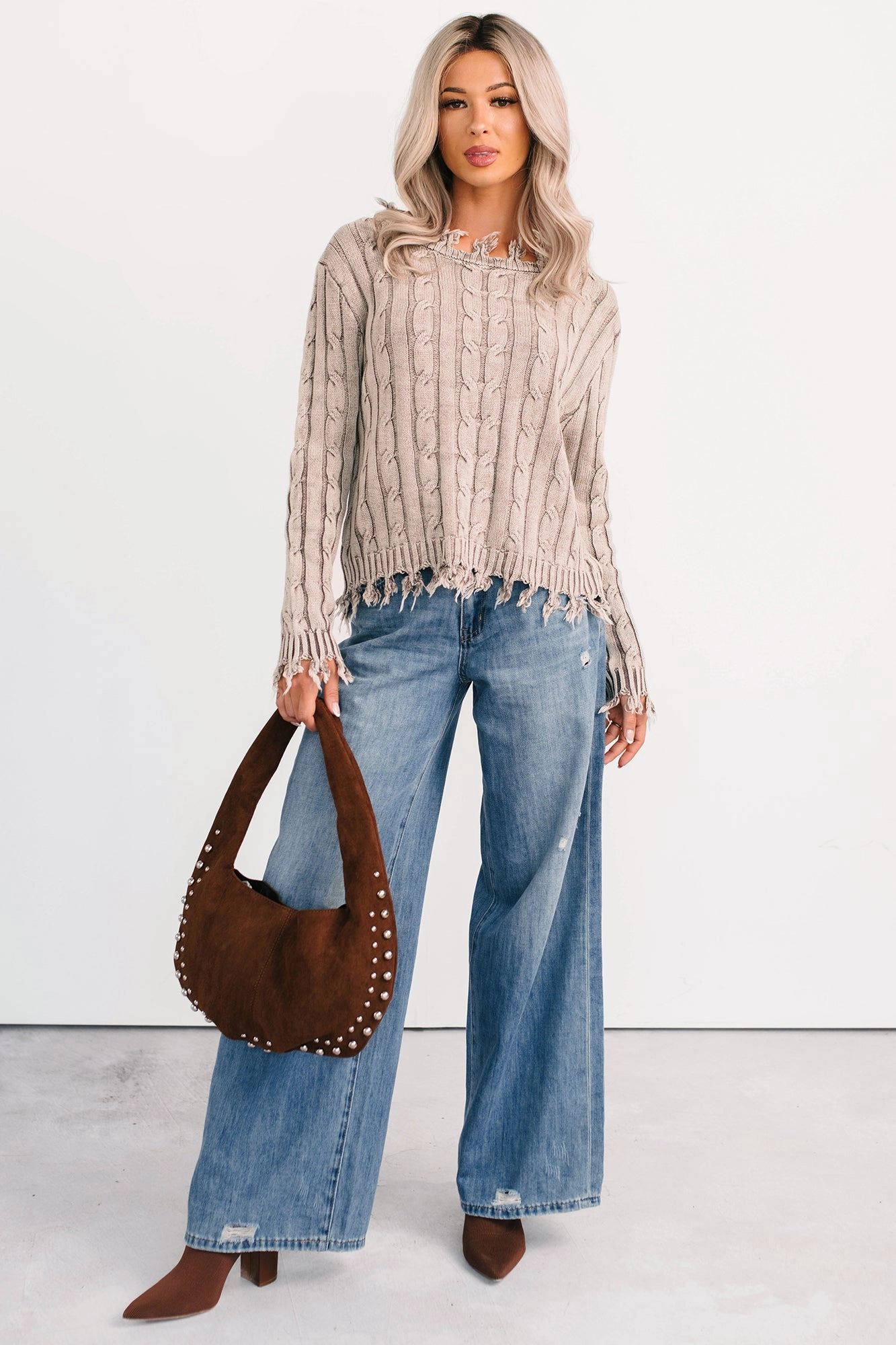 Unwritten Future Cable Knit Fringe Zenana Sweater (Mocha) Bonded Seam Durability