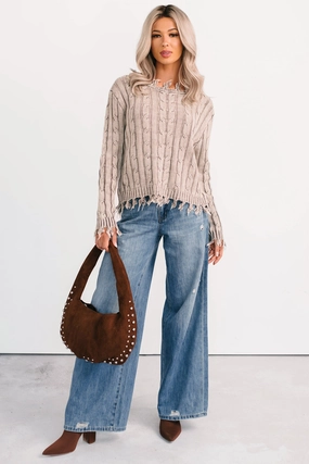 Unwritten Future Cable Knit Fringe Zenana Sweater (Mocha) Airflow Weave Pattern FlexibleRibbedTrims