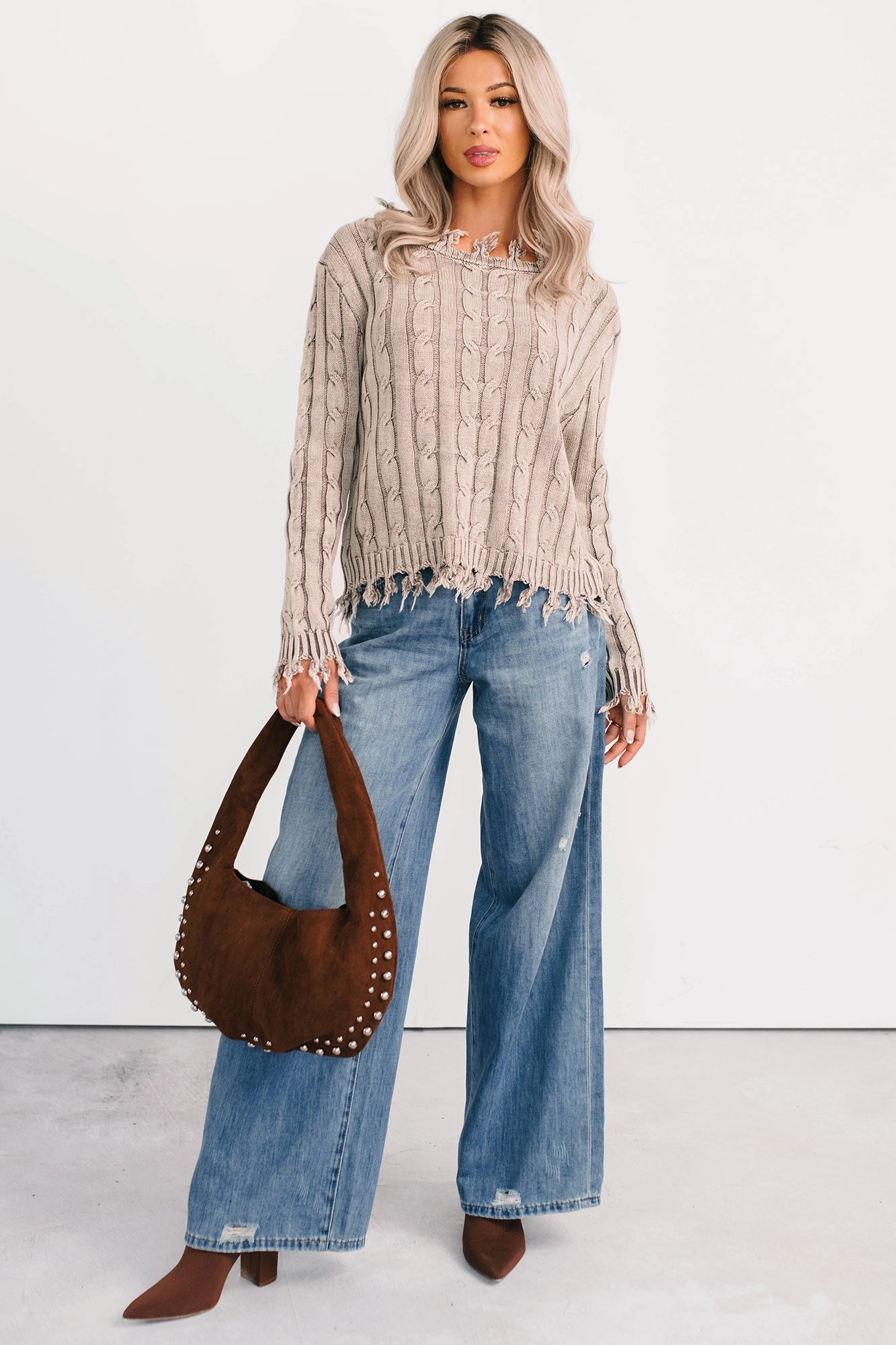 Unwritten Future Cable Knit Fringe Zenana Sweater (Mocha) Airflow Weave Pattern FlexibleRibbedTrims