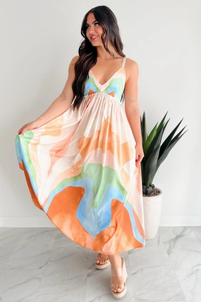 Tastefully Bold Printed Maxi Dress (Orange Combo) Halter neck Soft Balance