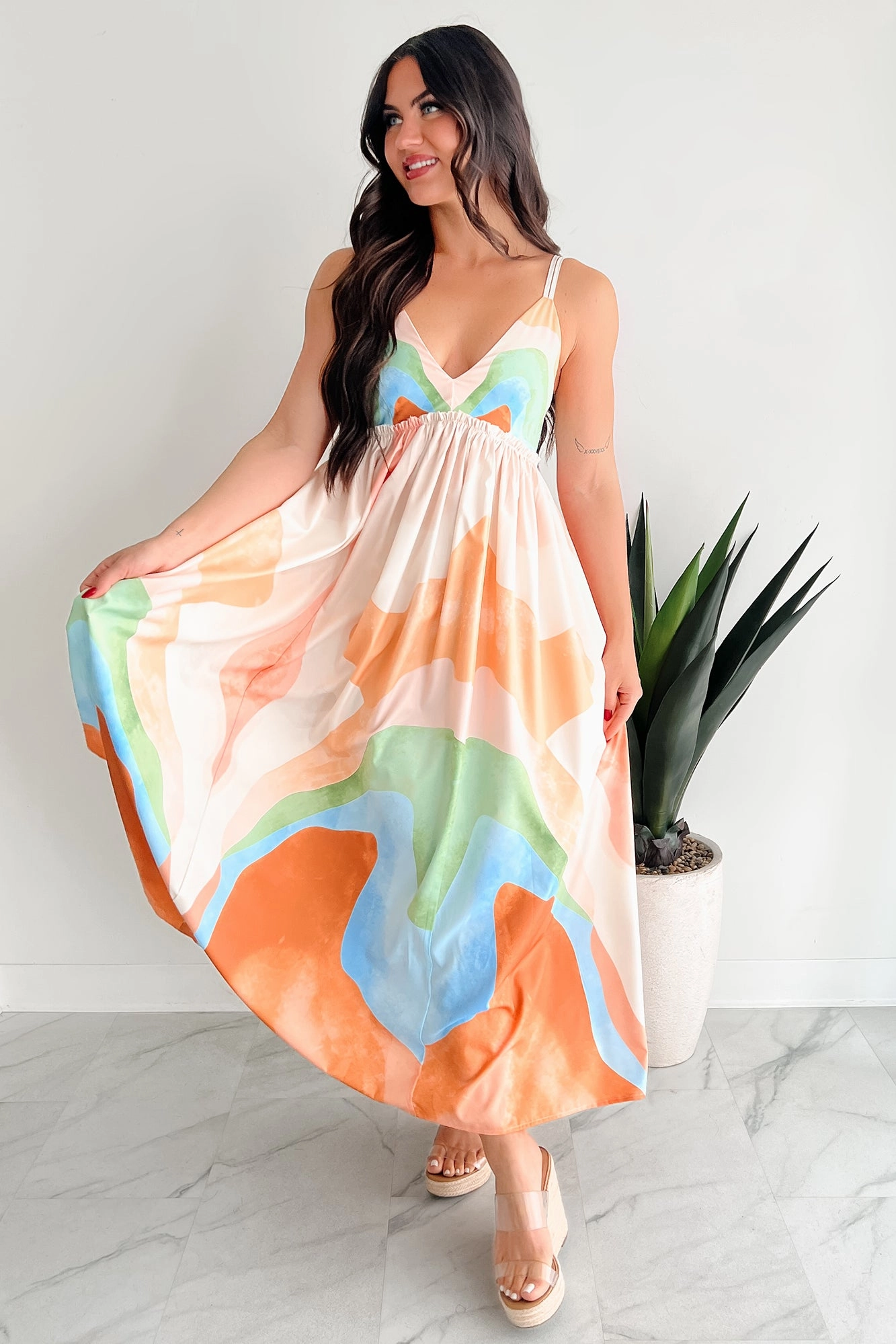 Spring Style Slim Shape Tastefully Bold Printed Maxi Dress (Orange Combo)