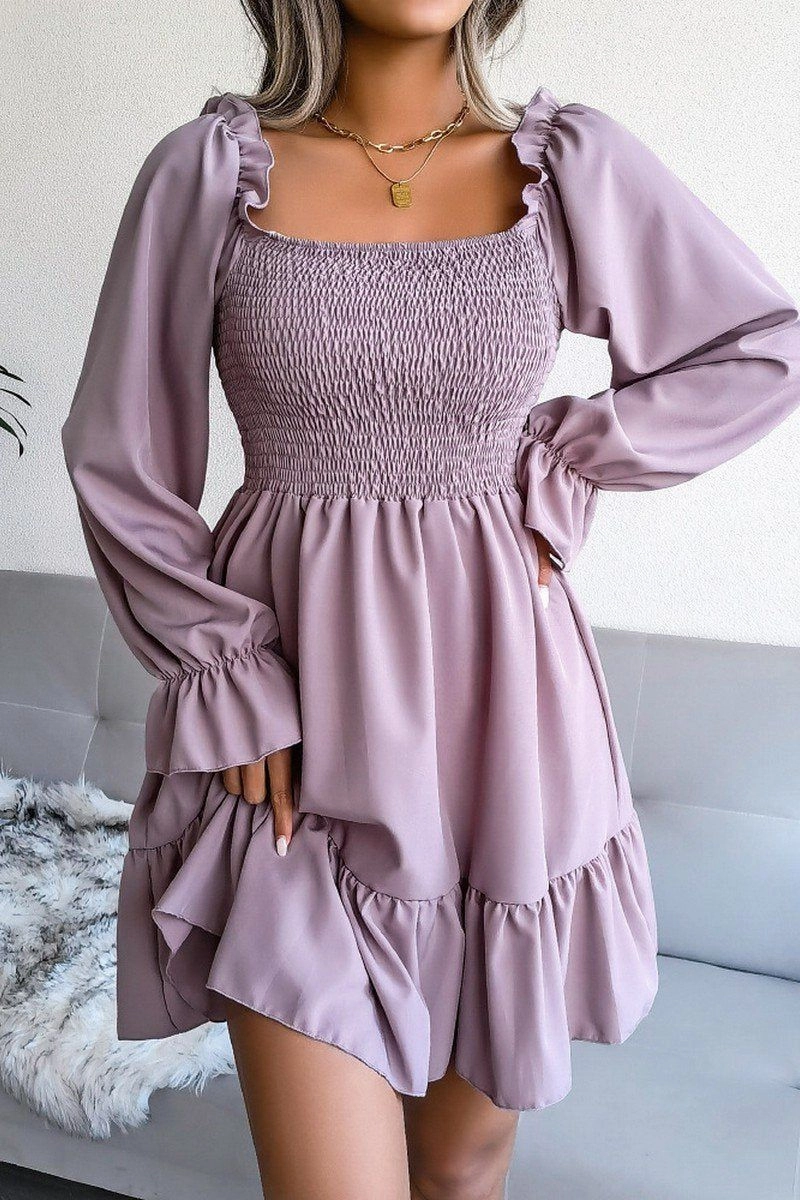 WOMEN SMOCKED FRILL SLEEVE LOOSE FIT RUFFLE DRESS Shiny Zip