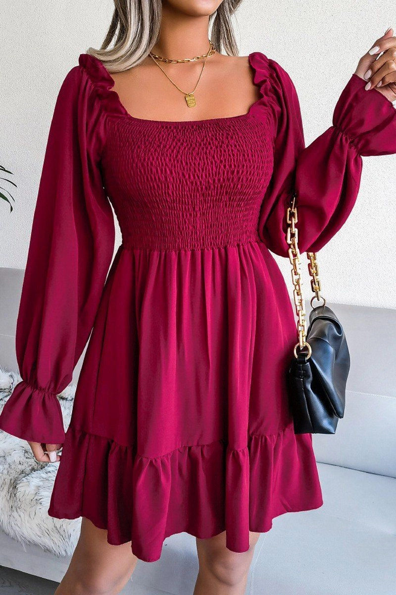 WOMEN SMOCKED FRILL SLEEVE LOOSE FIT RUFFLE DRESS Mid Season Chic And Comfortable