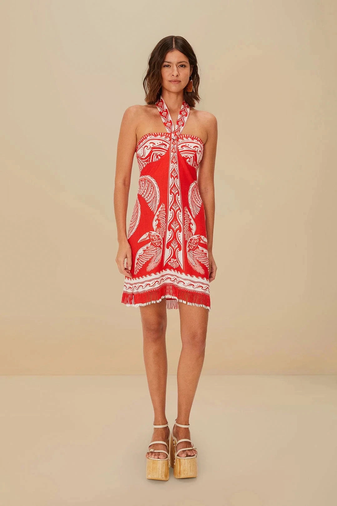 Sharp Motion Drawstring-Closure Majestic Coconut Tree Linen Mini Dress Red