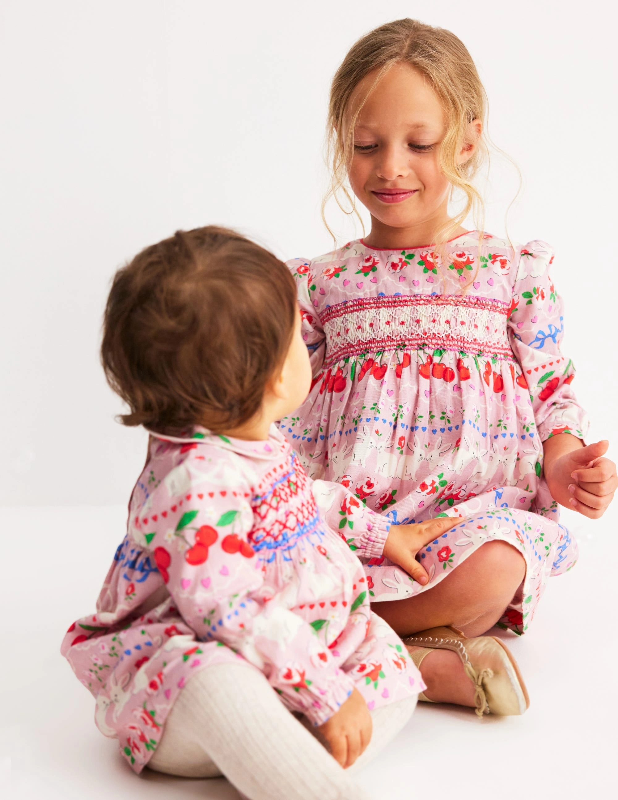 Cosy Smocked Dress-Pink Valentines Bunny One-Shoulder Casual Style Wear