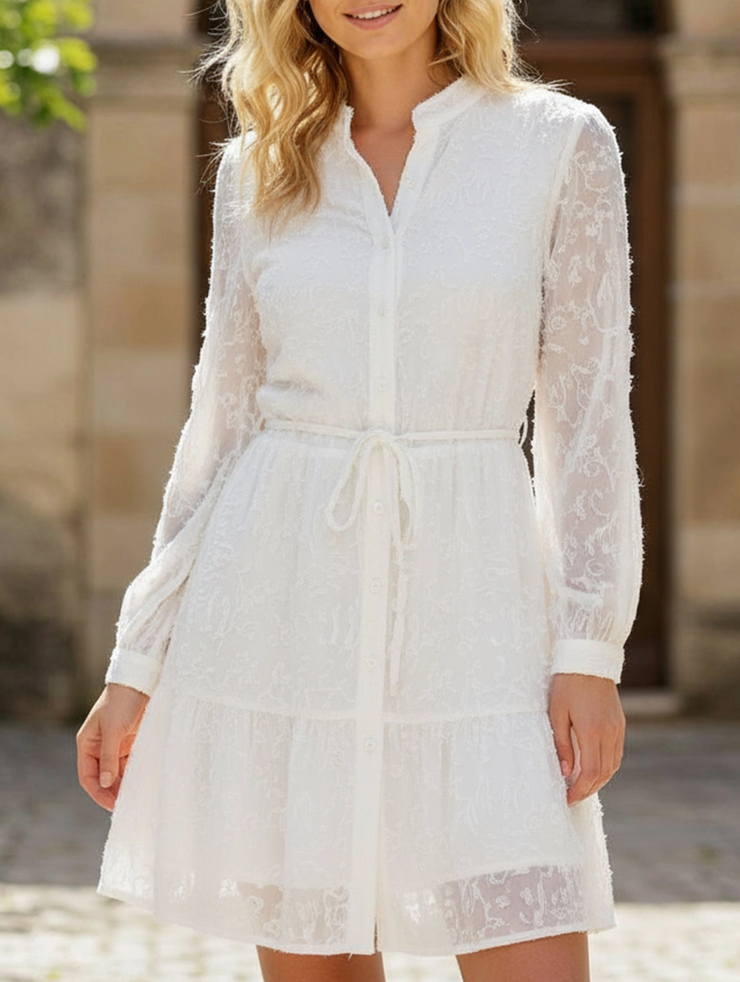 wrap waist Smart and Stylish Retro style lace long sleeve puff sleeve dress