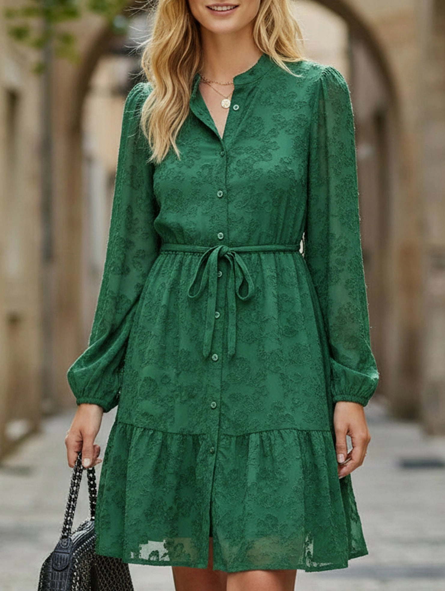 Retro style lace long sleeve puff sleeve dress Asymmetrical hem Color Pop