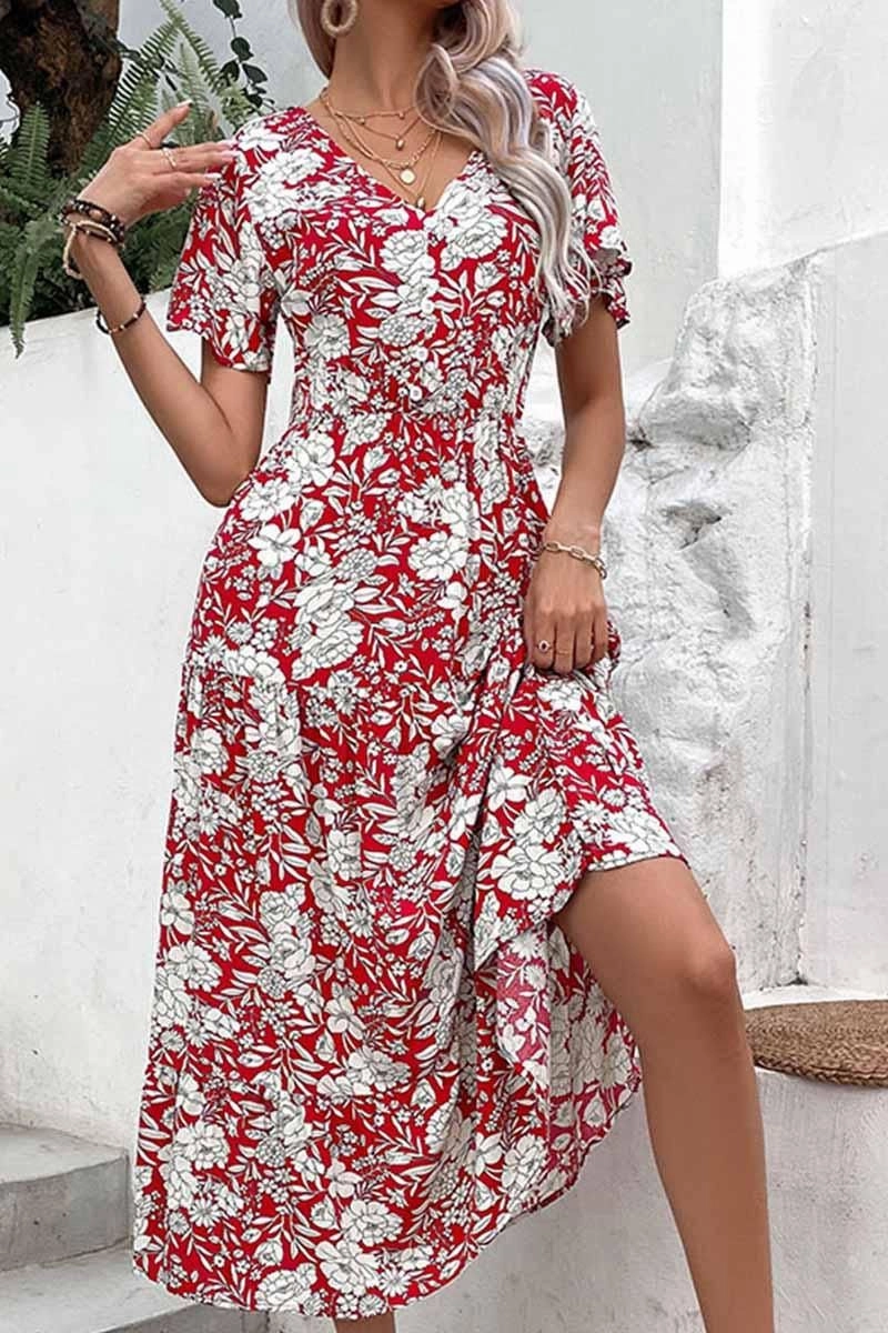 V NECK FLORAL PATTERN LONG DRESS Chic Layered Wear Bodycon Fit