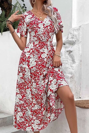 V NECK FLORAL PATTERN LONG DRESS Pure Shape Cozy and Comfortable