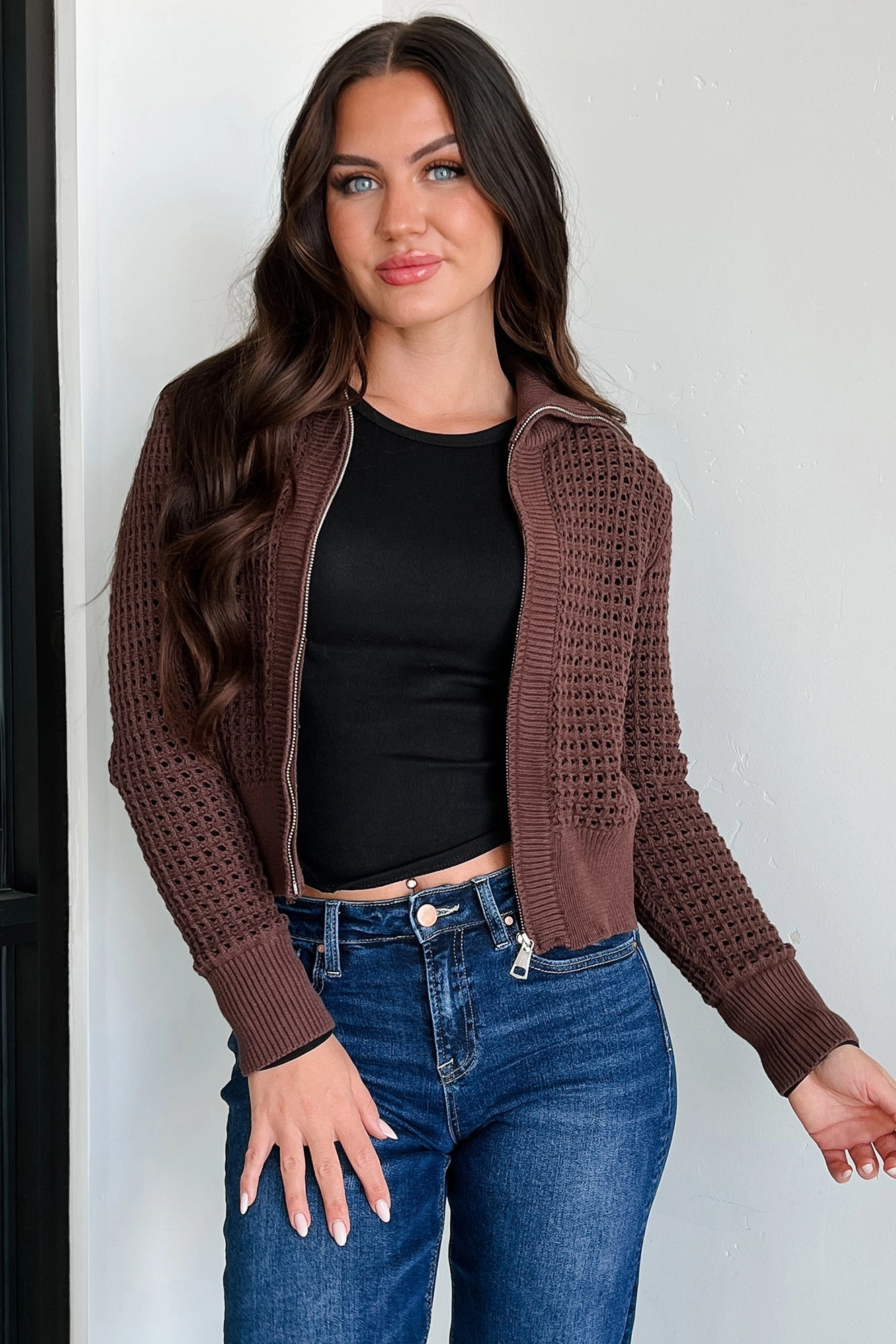 Whispered Words Zip-Up Sweater Jacket (Chocolate) Comfortable Fabric