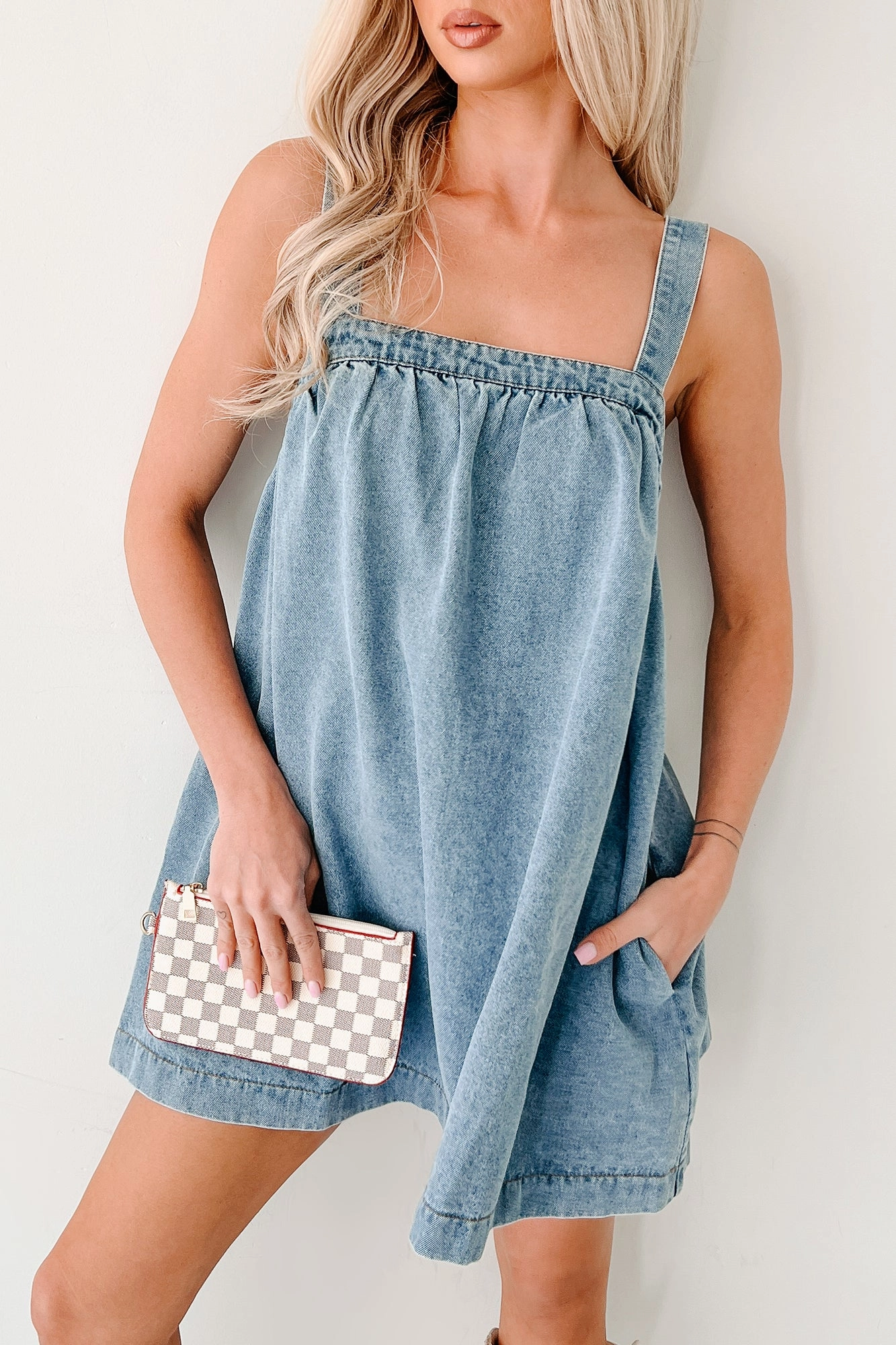 Trend-Inspired Hidden Pocket Day By Day Sleeveless Babydoll Mini Dress (Denim)