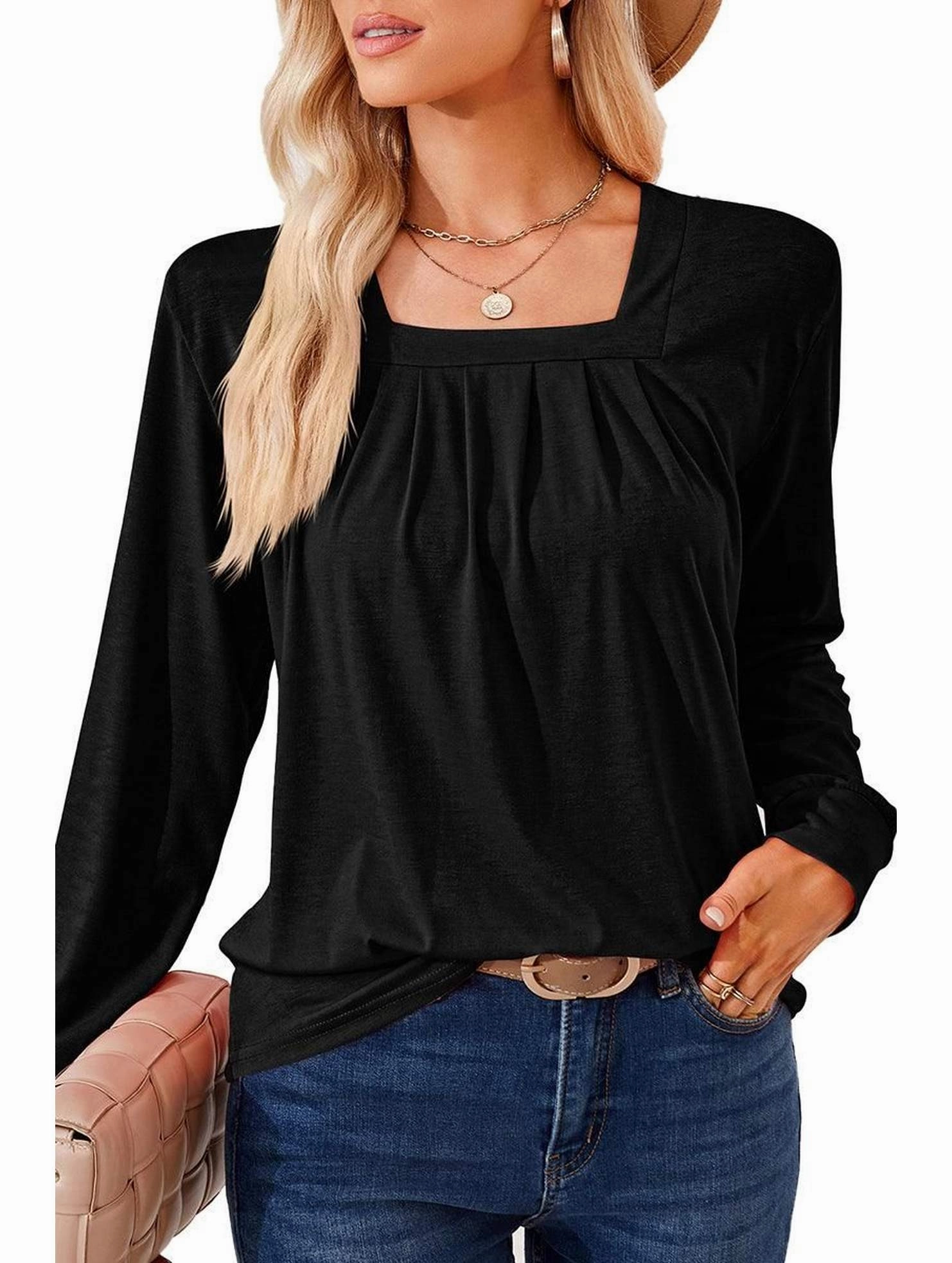 Moisture Wicking Fabric Flowy Tunic WOMEN SQUARE NECK FLUTTER LONG SLEEVE TOP