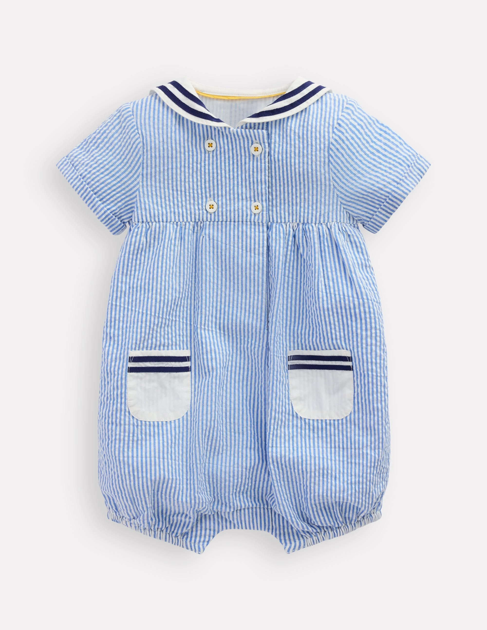 Boys Heritage Nautical Romper-Vintage Blue Ticking Stripe Loose Flexible Premium Loose