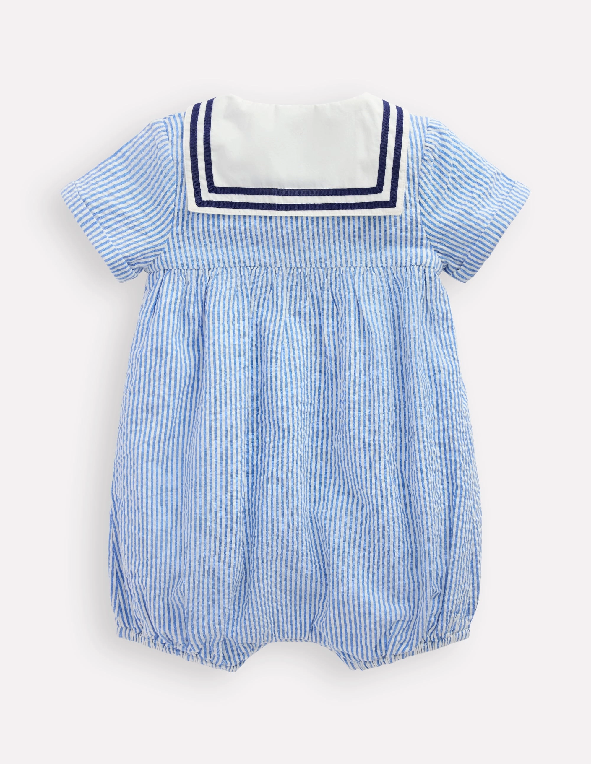 Boys Heritage Nautical Romper-Vintage Blue Ticking Stripe Loose Unique Lightweight Trendy
