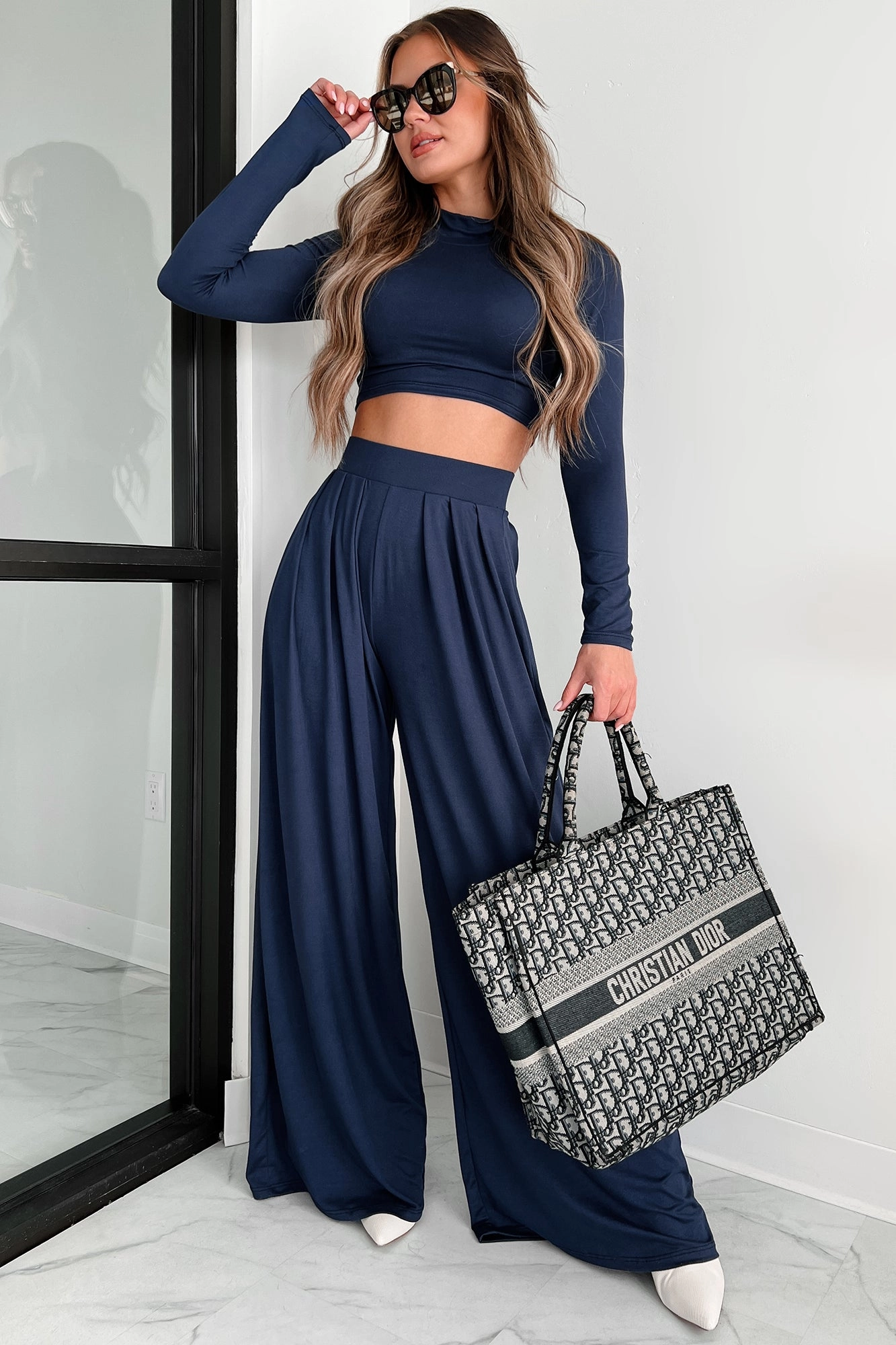 Loose Blouse Faded Dreams Long Sleeve Crop Top & Pant Set (Navy)